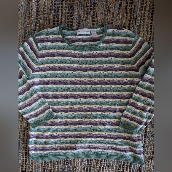 Sweater XL Eggplant Purple Sage Green Ecru Cream Stripe Open Knit Cluttercore - Picture 2 of 8